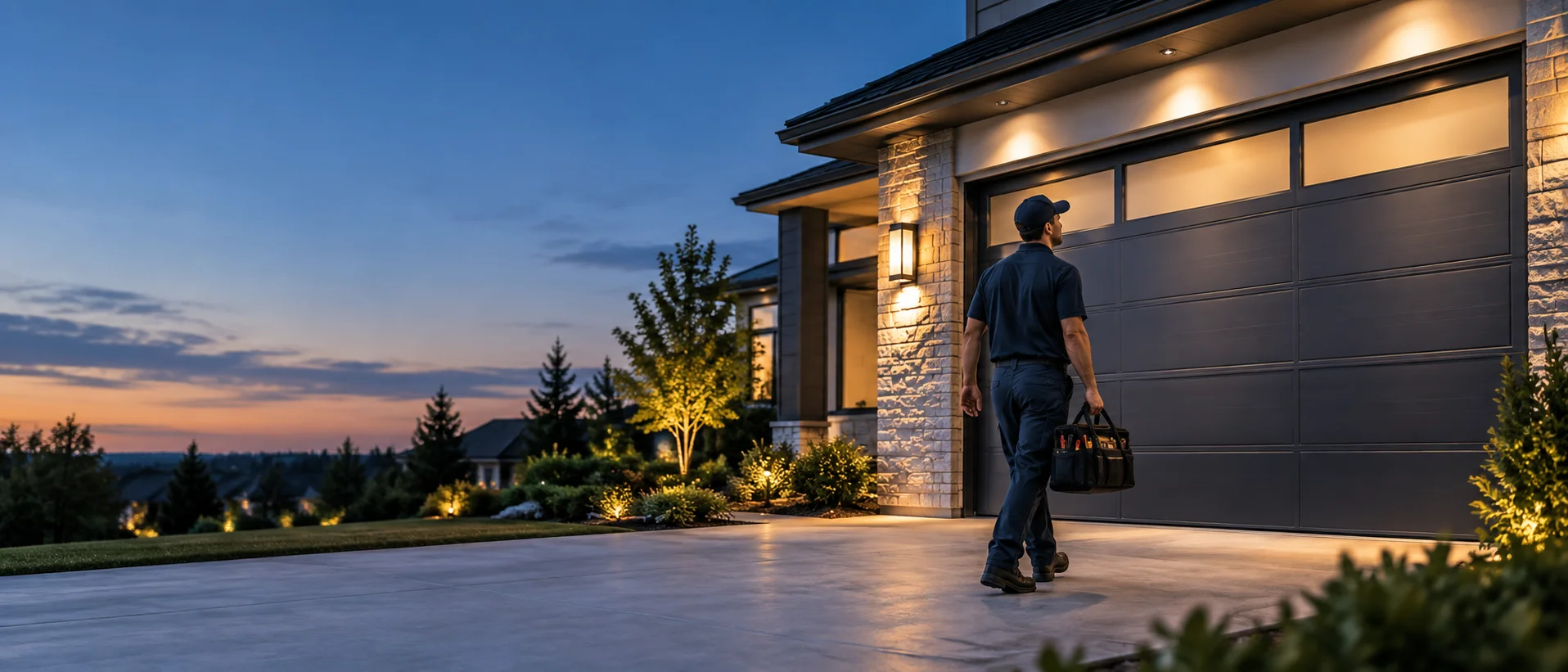 A garage door technician arriving at a home at dusk